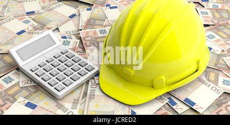 Costo di costruzione concept. elmetto e calcolatrice sulle banconote in euro sfondo. 3d illustrazione Foto Stock