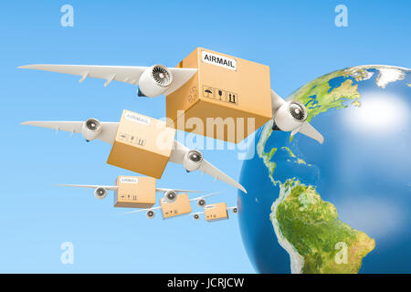 Global air mail delivery concetto. I pacchi con le ali battenti nel cielo intorno al globo terrestre, rendering 3D Foto Stock