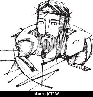 Disegnata a mano illustrazione vettoriale o di disegno di Gesù Cristo e una pecora Illustrazione Vettoriale