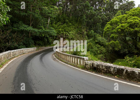 Una delle tante curve della strada a Hana Highway. Foto Stock