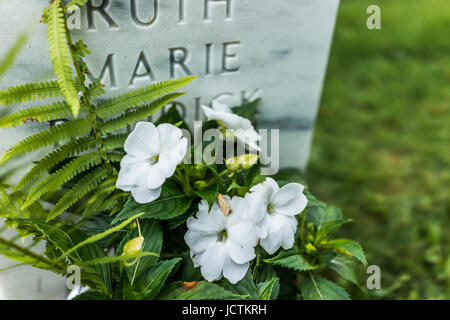 Gettysburg, Stati Uniti d'America - 24 Maggio 2017: Cimitero Nazionale di Gettysburg battlefield park con ingrandimento di una tomba di pietra e fiori Foto Stock