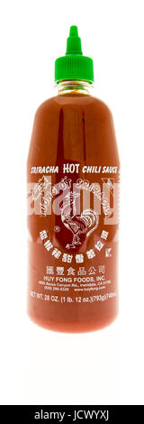 Winneconne, WI -11 giugno 2017: una bottiglia di Sriracha hot chili di salsa su un sfondo isolato Foto Stock