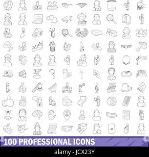 100 professional set di icone di stile di contorno Illustrazione Vettoriale