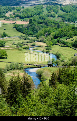 Afon Lledr si snoda attraverso la lussureggiante paesaggistica valle Lledr nel Galles del Nord. Foto Stock