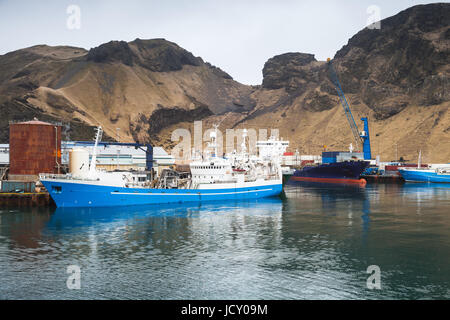 Industrial navi da carico nel porto di Vestmannaeyjar isola, Islanda Foto Stock