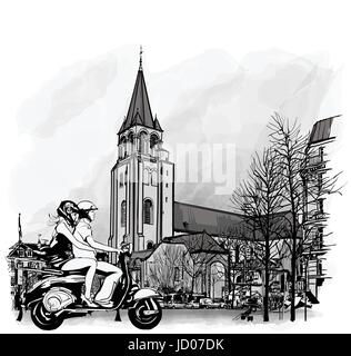 Giovane su uno scooter a Parigi Saint Germain des Pres - illustrazione vettoriale Illustrazione Vettoriale