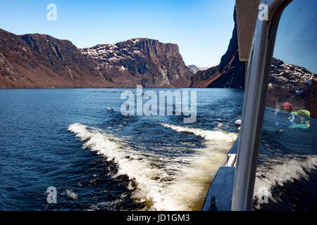 Persone su un tour in barca sul Western Brook Pond, Parco Nazionale Gros Morne, Terranova, Canada Foto Stock