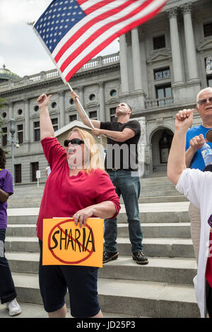 Harrisburg, Pennsylvania - circa 50 membri di agire per l'America si sono stretti sui gradini della Pennsylvania State Capitol contro la sharia. Agire per Amer Foto Stock