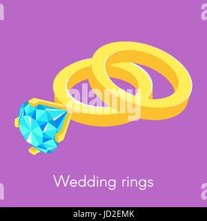 Illustrazione Vettoriale di due isometrica anelli di nozze. Anello con diamante. Illustrazione Vettoriale