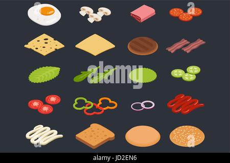 Set di vettore di isometrica Icone. Ingredienti per gli hamburger e panini. Uovo fritto, cipolle, carne, formaggio, cetrioli e altri elementi per creare custom b Illustrazione Vettoriale
