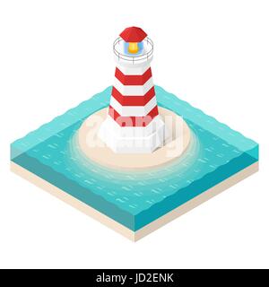 Illustrazione Vettoriale di faro isometrica. Torre faro in oceano. Illustrazione Vettoriale