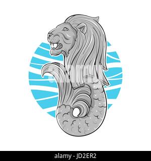 Vettore disegnati a mano illustrazione del simbolo di Singapore lion con coda di pesce. Illustrazione Vettoriale