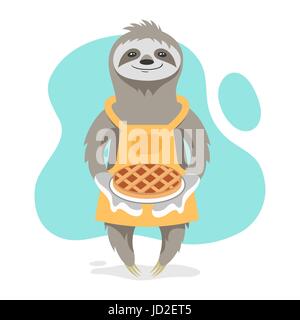 Illustrazione Vettoriale di felice carino bradipo indossando Grembiule da cucina e tenendo una gustosa torta nelle sue mani. Stampa vettoriale per t-shirt o poster design. Illustrazione Vettoriale