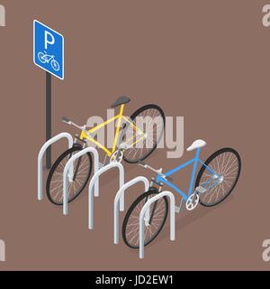 Isometrica Parcheggio per biciclette. Stile di Piana, il vettore, il cartello stradale Illustrazione Vettoriale