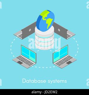 Vettore concetto isometrica online per i sistemi di database. Pc portatili collegati a una rete. Illustrazione Vettoriale