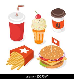 Stile isometrico vettore 3d serie di fast food. Illustrazione di hamburger, patatine fritte, tazza di caffè e gelati e soda. Icona del Web. Illustrazione Vettoriale