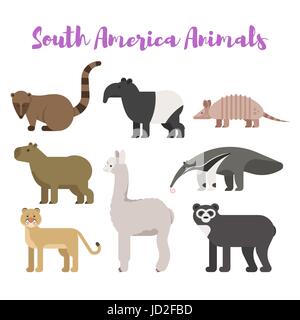 Vettore stile piatto impostare gli animali del Sud America. Icona per il web. Isolato su sfondo bianco. Illustrazione Vettoriale