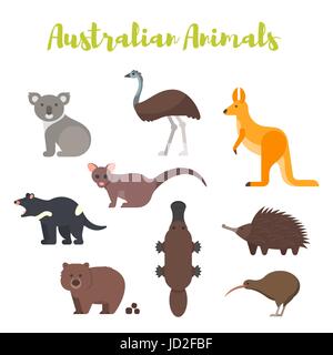Vettore stile piatto set di animali Australiani. Icona per il web. Isolato su sfondo bianco. Illustrazione Vettoriale