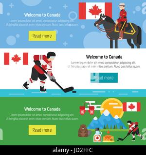 Vettore stile piatto set di Benvenuto a Canada modello per banner web o poster per il turista. Il Canadian National simboli culturali. Isolato su bianco backgr Illustrazione Vettoriale