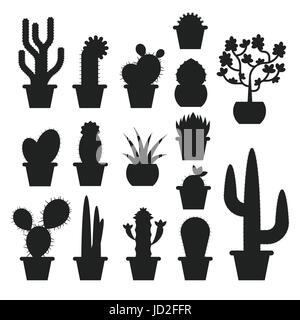 Vettore set monocromatica di vari cactus in vasi. Icona per il web. Sagome isolati su sfondo bianco Illustrazione Vettoriale