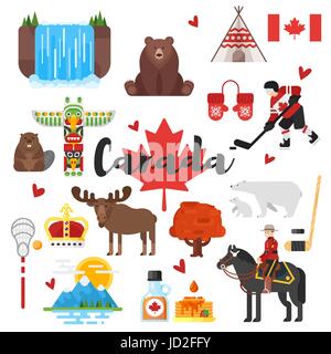 Vettore stile piatto set di Canadian National simboli culturali. Icona per il web. Isolato su sfondo bianco. Illustrazione Vettoriale