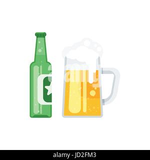 Vettore stile piatto illustrazione della bottiglia di birra e birra in vetro. Icona per il web. Isolato su sfondo bianco. Illustrazione Vettoriale