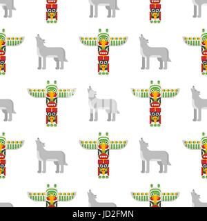 Vettore stile piatto senza cuciture con pattern di totem tribali e Wolf su sfondo bianco. Illustrazione Vettoriale