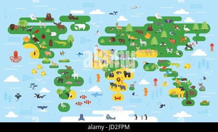 Vettore stile piatto grande mondo astratto mappa con gli animali. Colorata illustrazione vettoriale per bambini con tutti i continenti per l'educazione prescolare. Illustrazione Vettoriale
