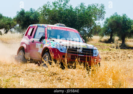 Estremadura, Spagna - 17 giugno: Driver e codriver Participing in TT Spagnolo Rally Championship. Badajoz, Dehesa de Extremadura. Foto Stock