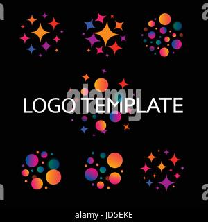 Cartoon esplosione di sfere e asterischi logo set. Luci di bengala e salute su una tarda notte. Elemento di vacanza design illustrazione vettoriale e logotipo c Illustrazione Vettoriale