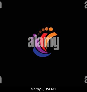 Abstract logo arcobaleno con cerchi con cerchi vettore logotipo promo. Un uomo di stile in motion luminosa punteggiata di eventi logo su sfondo nero Illustrazione Vettoriale
