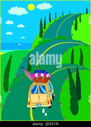 Un viaggio al mare in auto sulla strada di montagna. Chi viaggia Illustrazione Vettoriale