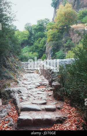 Il sentiero che conduce al Pont du Diable o Ponte del Diavolo, ia ponte romano che attraversa il fiume Ardeche a circa 10m di altitudine. Il ponte si trova Foto Stock