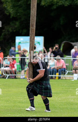 Aberdeen, Scozia - Giu 18, 2017: un concorrente nella caber toss, una musica tradizionale scozzese Highland Games evento, in esecuzione con il caber. Credito: AC Immagini/Alamy Live News Foto Stock