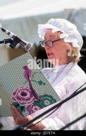 Senior donna che indossa la cucina in stile vittoriano cameriera vestito, permanente e annunciando tenendo premuto il legante dal quale lei legge da. Vista laterale. All'aperto, di sole. Foto Stock