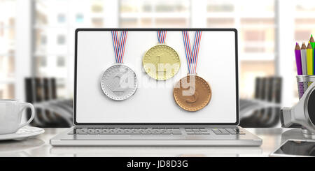 Serie di medaglie - oro, argento e bronzo - su uno schermo di computer portatile. 3d illustrazione Foto Stock