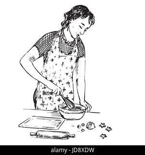 Casalinga giovane vestito con grembiule frusta la pasta, disegnati a mano doodle, schizzo in pop art stile, in bianco e nero illustrazione vettoriale Illustrazione Vettoriale