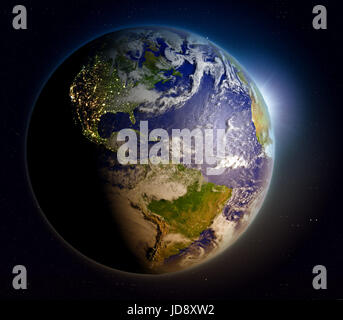 Sunrise sopra il pianeta Terra rivolta verso le Americhe. 3D illustrazione con estremamente dettagliato pianeta superficie. Gli elementi di questa immagine fornita dalla NASA. Foto Stock