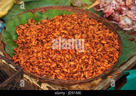 Grub larve fritte, pronto a mangiare in Cambogia sul mercato locale Foto Stock