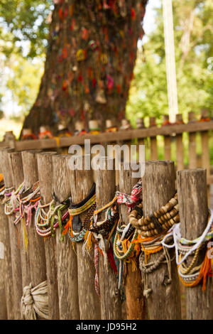 Braccialetti colorati dedicati alle vittime dei campi di sterminio di Choeung Ek in Phnom Penh Cambogia. Messa a fuoco selettiva Foto Stock