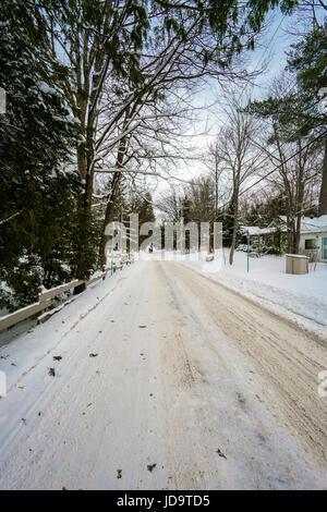 Coperta di neve strada rurale, due persone che camminano in distanza, case residenziali su un lato, Ontario, Canada ontario canada freddo inverno 2017 snow Foto Stock