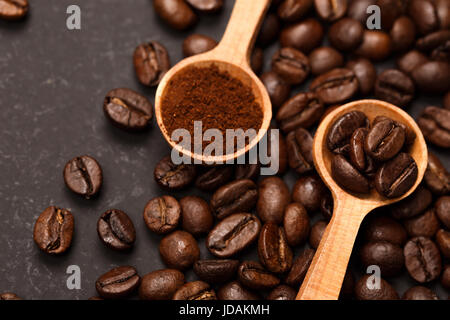 Vista dall'alto di differenti varietà di caffè: macinato o in grani, giacente in due cucchiai di legno sul tappetino nero lo sfondo. Foto Stock