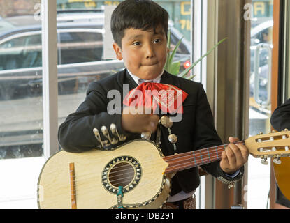 Un giovane membro adolescente del A.M.N.A. mariachi band suona sulla sua chitarra presso un ristorante messicano apertura nel nord Corona, Queens, a New York City. Foto Stock