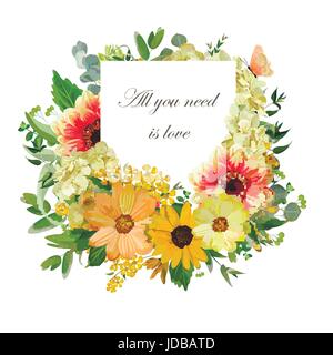 Il design del vettore scheda verticale giallo girasole fiori di ortensie dahlia eucalipto foglie verde, arancione farfalla. Elegante estate autunno carta con lett Illustrazione Vettoriale