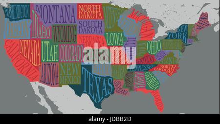 Mappa USA con stati - pittorico poster geografica dell America, disegnati a mano lettering design per la decorazione parietale, guida turistica, stampa. Creativi unici Illustrazione Vettoriale