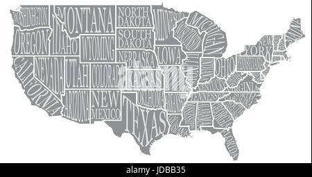 Blank simili ad alta decorazione dettagliata mappa USA su sfondo bianco. Stati Uniti d'America paese con caratteri di testo i nomi di stato iscrizioni. Vec Illustrazione Vettoriale