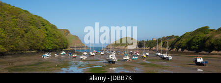 Classe Watermouth Cove Harbour North Devon Coast vicino a Ilfracombe Regno Unito con barche e yacht vista panoramica Foto Stock