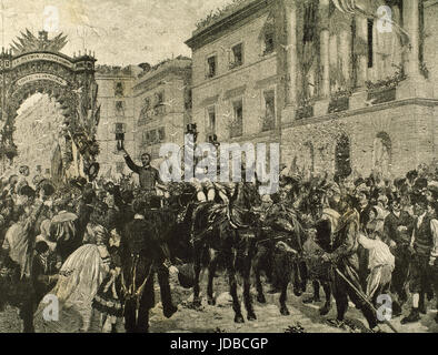 Spagna. La Catalogna. Barcellona. Juan Prim y Prats (1814-1870). Lo spagnolo militare e politico. Incredibile la reception dopo la guerra Hispano-Moroccan (1859-1860) con un arco trionfale in Saint James square in data 8 settembre 1860. Incisione.'La Ilustracion', 1887. Foto Stock