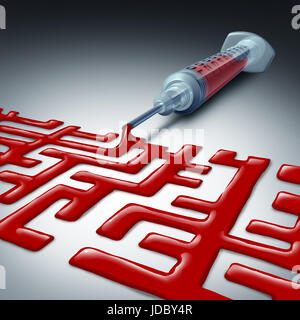 La navigazione di cura per la salute di labirinti o sfida sanitaria come una siringa con sangue rosso a forma di liquido come un labirinto che rappresentano difficoltà. Foto Stock
