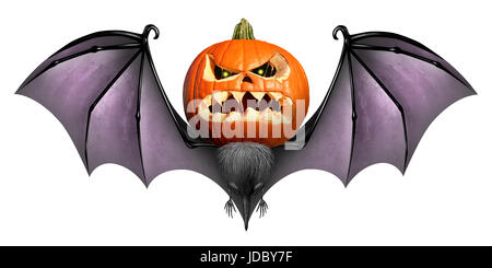 Bat di halloween jack o Lantern carattere come una zucca intagliata con un pauroso e creepy espressione con ali come un simbolo di stagione. Foto Stock